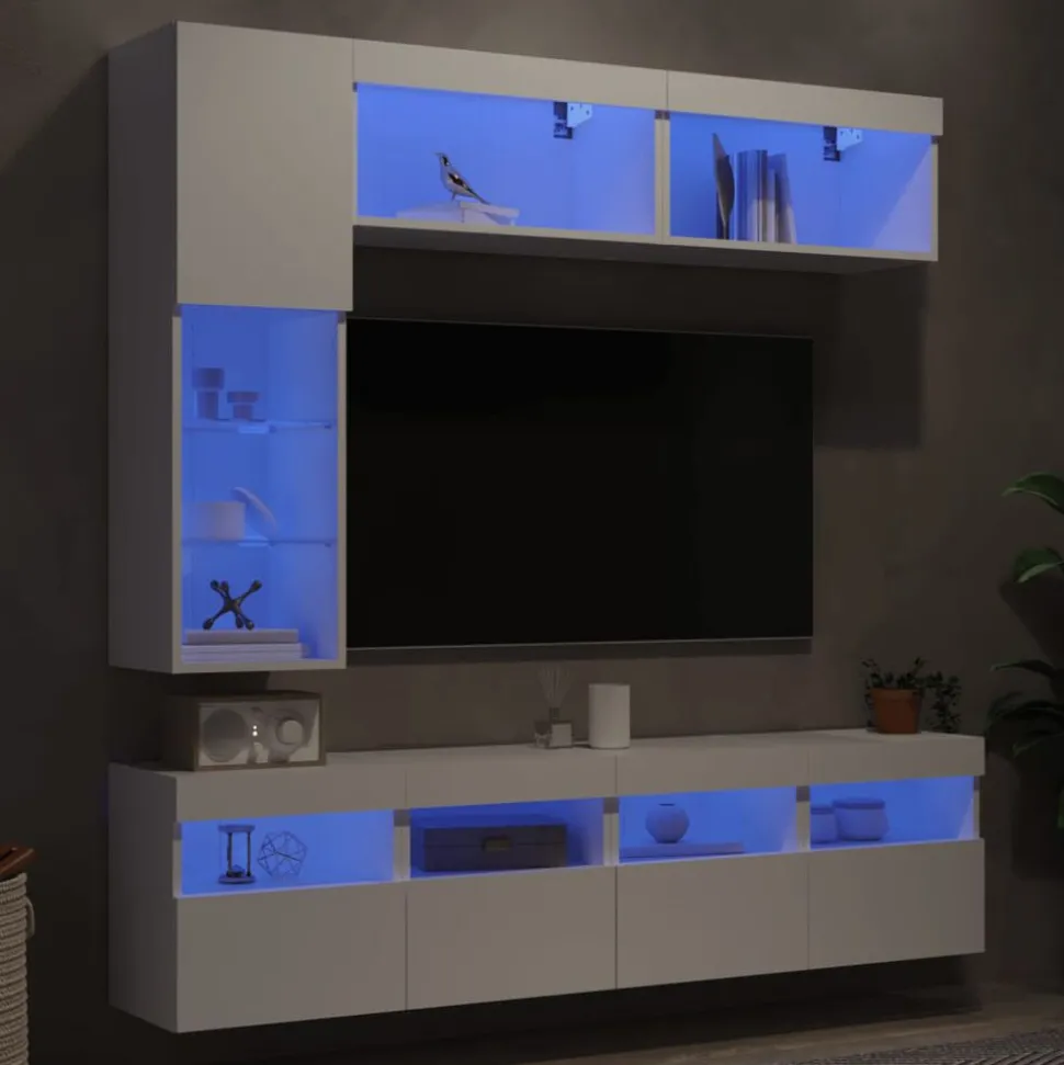vidaXL Väggmonterade tv-skåp 7 delar med LEDs vit