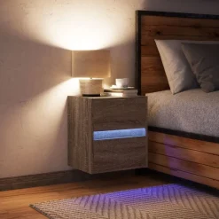 vidaXL Väggmonterat sängbord med LED ljus brun ek