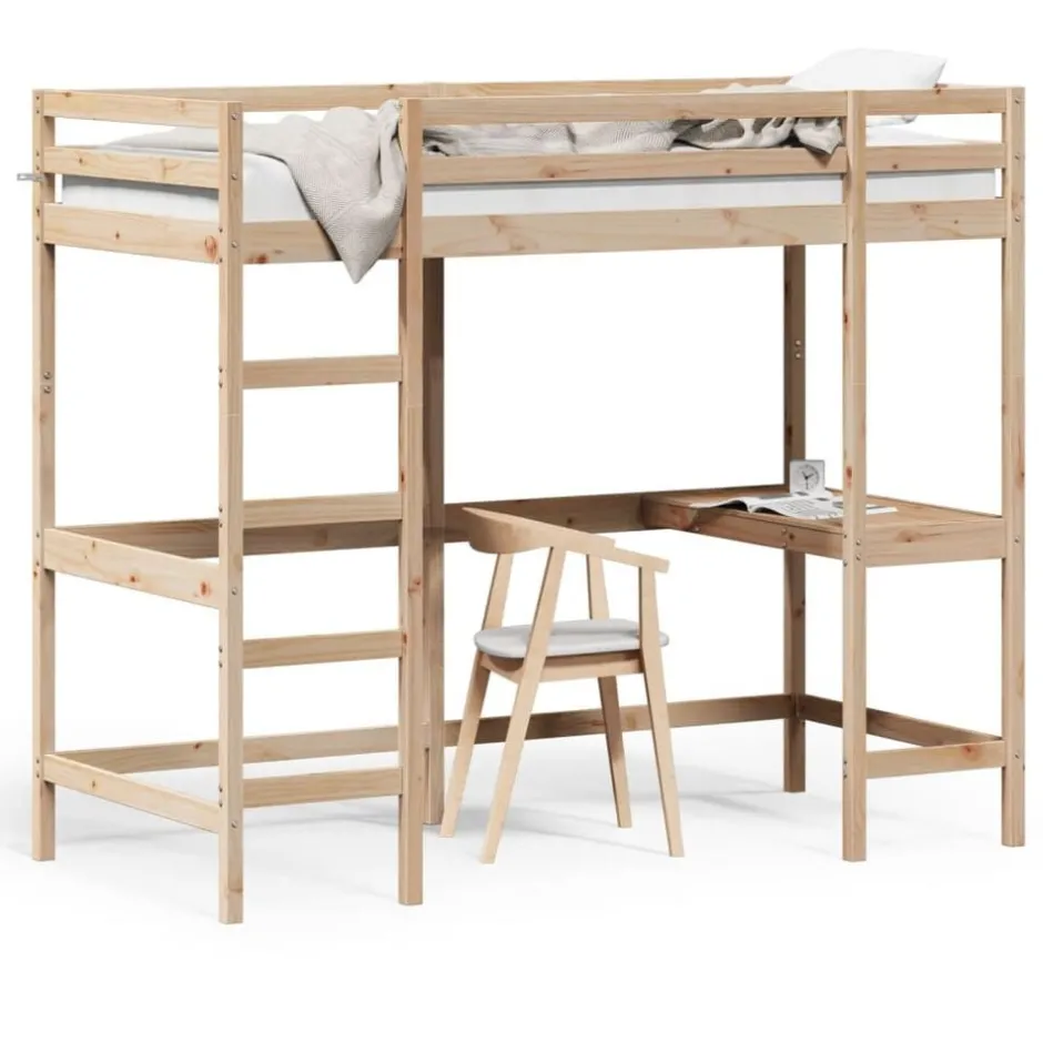 Clearance vidaXL Våningssäng med skrivbord 100x200 cm massiv furu Naturfärg